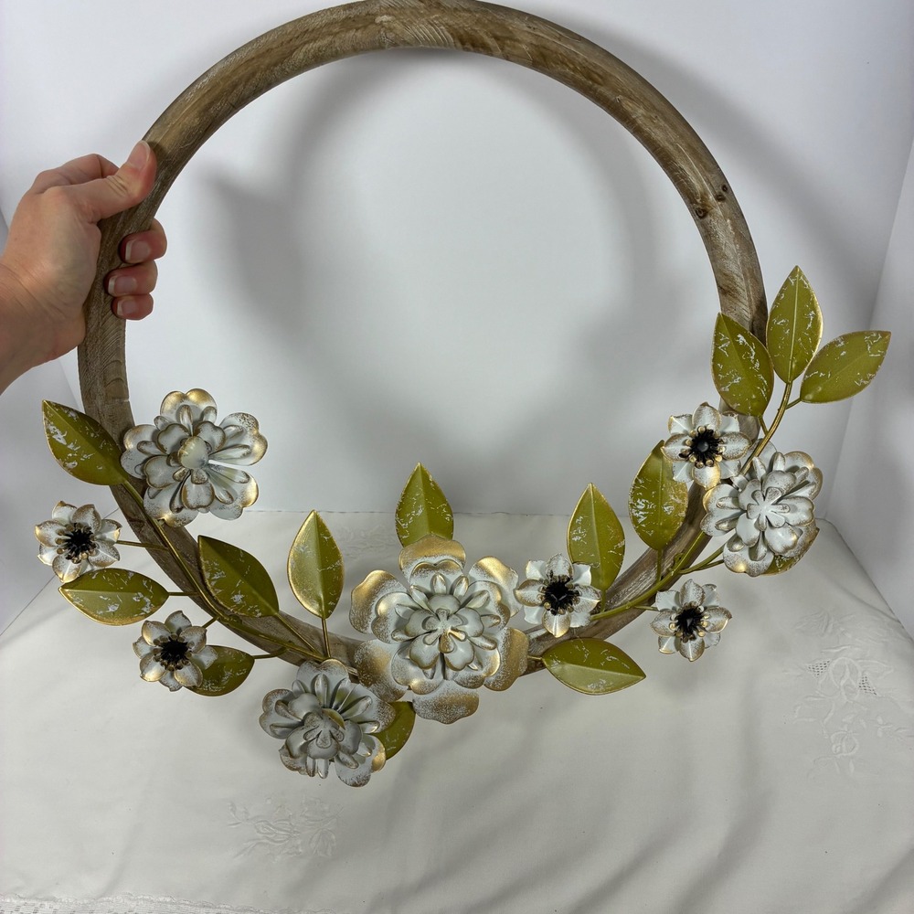 Floral Wreath 16in Rustic Metal Flower Wood Hoop Farmhouse Cottage Shabby Chic
